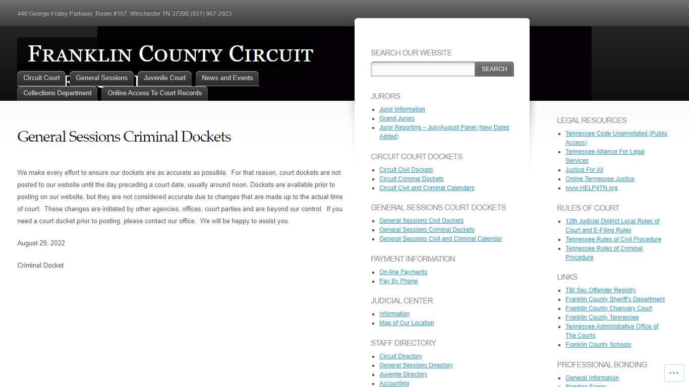 General Sessions Criminal Dockets - Franklin County Circuit Court Clerk